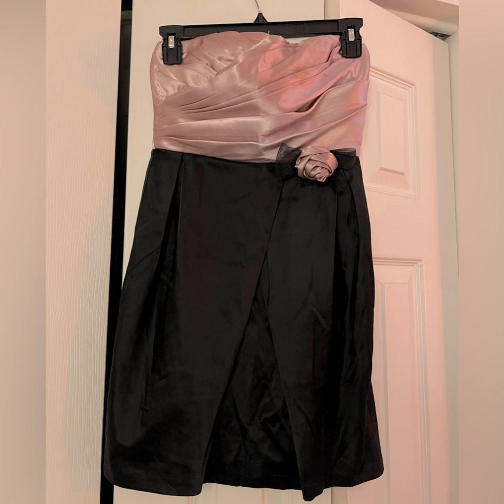 Pink and Black Strapless Satin Cocktail Dress